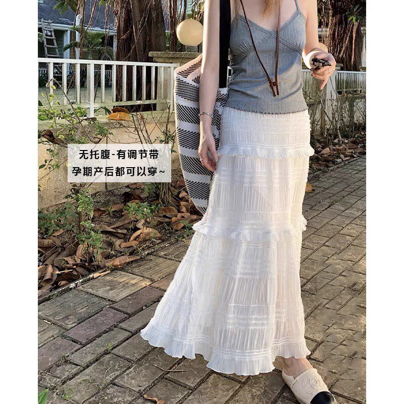 孕妇半身裙夏季法式蕾丝花边白色蛋糕裙夏款无托腹网纱蓬蓬中长裙