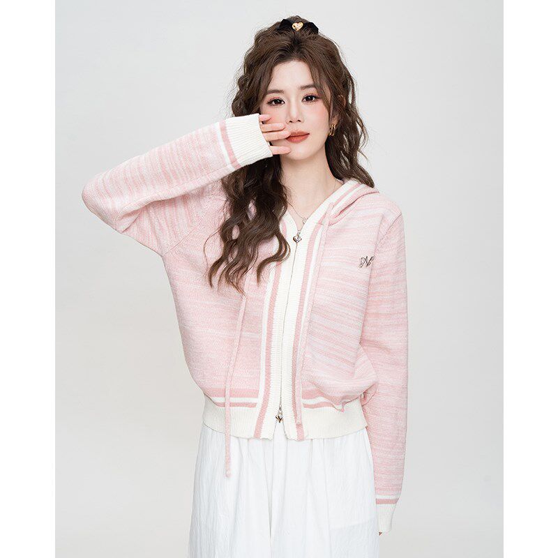 法式甜美短款宽松小个子连帽卫衣针织开衫外套女春装新款气质上衣