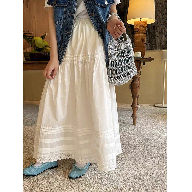 白色半身裙子孕妇夏季调节长款a字蕾丝长裙法式中长款显瘦大摆裙