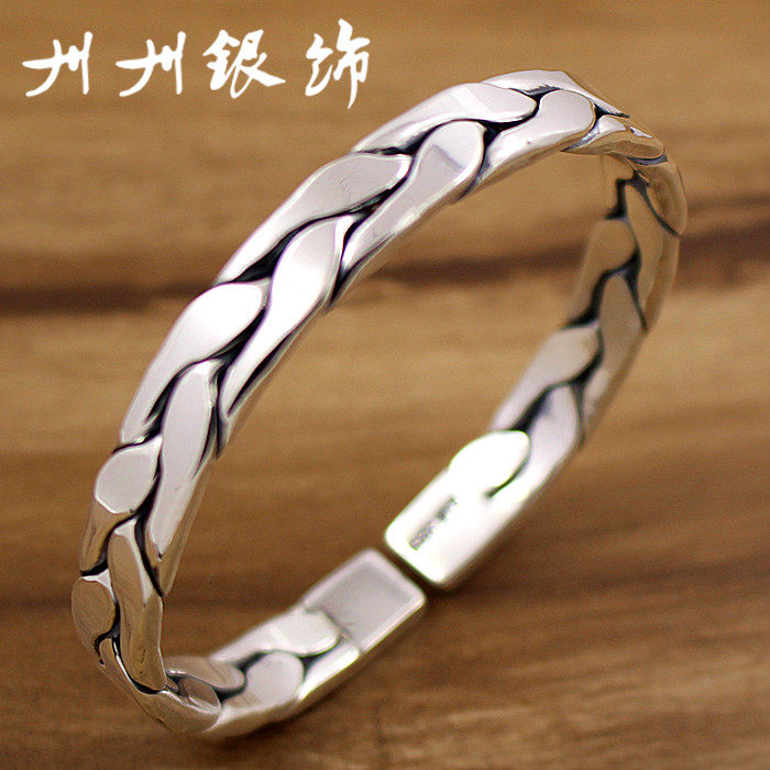 银镯子999纯银饰品情侣款麻花手镯男女开口复古 银手环