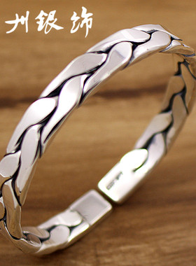 银镯子999纯银饰品情侣款麻花手镯男女开口复古 银手环