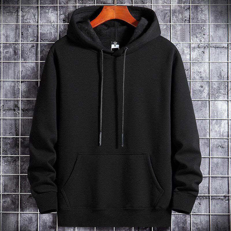 连帽卫衣男薄款春秋冬季纯棉运动休闲纯色加绒帽衫情侣外套女黑色