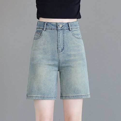 国风刺绣花色牛仔短裤女2025年夏小个子高腰直筒五分裤薄款阔腿裤