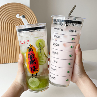 1升大容量玻璃杯高颜值喝水杯办公室家用吸管杯带盖耐高温牛奶杯