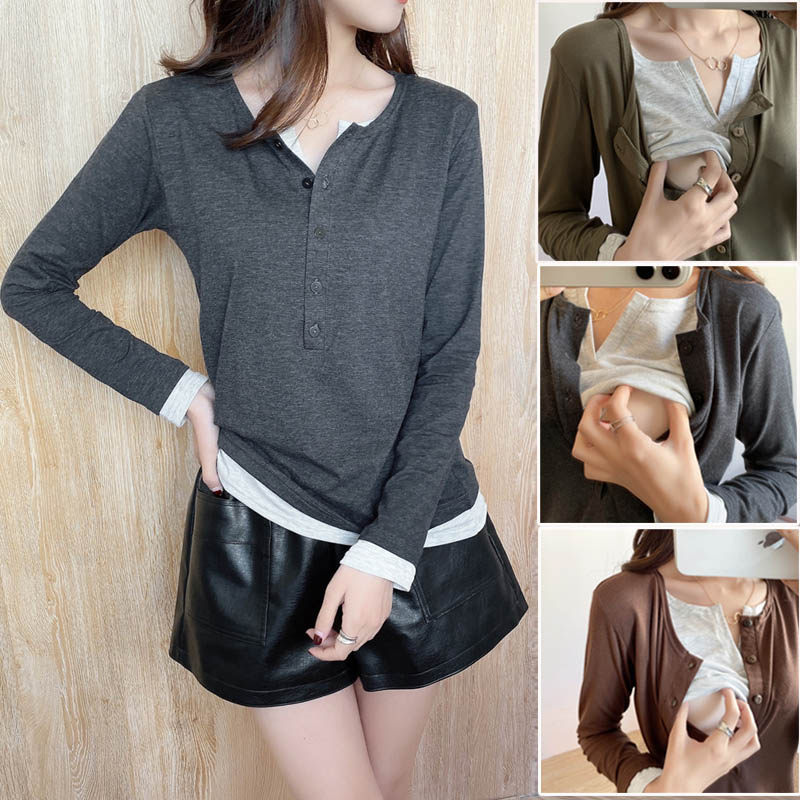 哺乳衣上衣d外出辣妈款长袖T恤哺乳服产後春秋季纯棉月子服打底衫