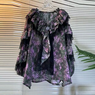 胖MM加肥V领拼接蕾丝荷叶边长袖小衫大码女装气质轻熟风显瘦上衣