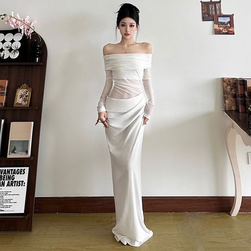 怪诞女孩 法式白月光网纱拼接一字肩连衣裙女 纯欲镂空露腰包臀裙