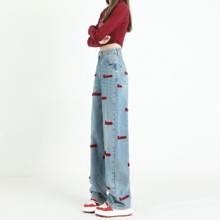 美式高街刺绣牛仔裤女2025年春秋冬季新款宽松阔腿直筒高腰长裤子