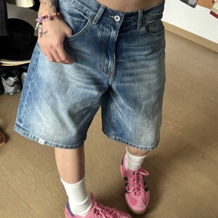 休闲百搭浅色直筒五分裤 美式 辣妹炸街中裤 女夏季 复古低腰牛仔短裤