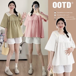 夏季 T恤娃娃衫 宽松衬衫 薄款 两件套潮妈200斤 大码 短裤 孕妇上衣短袖