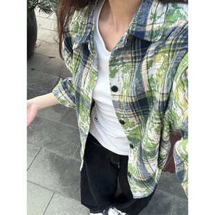 美式复古扎染格子衬衫男生春秋高级感长袖衬衣潮牌小众情侣款外套