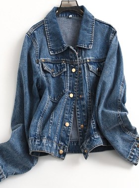 蓝色磨白翻领单排扣前口袋显高长袖百搭休闲时髦女牛仔短外套N949