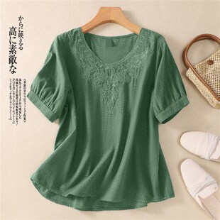 棉麻短袖T恤女夏季2025新款苎麻亚麻上衣高端高级感小衫妈妈夏装