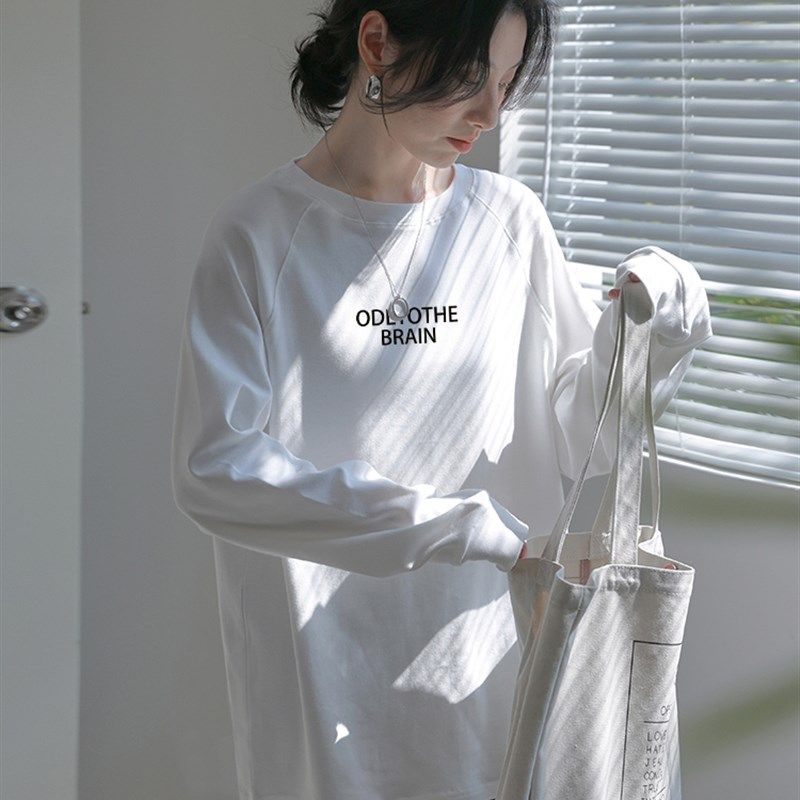 纯棉白色长袖T恤女韩版宽松中长款春秋冬季内搭磨毛插肩袖打底衫