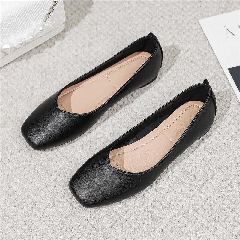 真皮平底b黑色工作鞋女软底舒适酒店上班防滑职业工装浅口软皮单