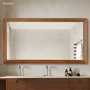 方形中古风洗漱台镜子卫生间卫浴实木化妆镜挂墙式定制酒店浴室镜