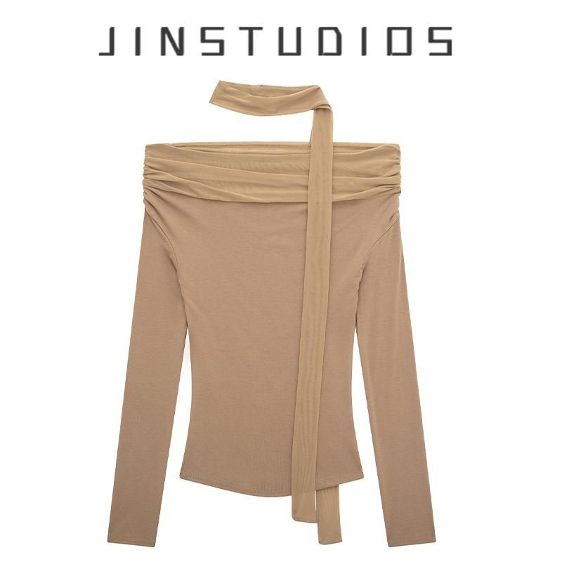 2024秋纯欲辣妹网纱一字领露肩系带项圈长袖T恤修身显瘦百搭上衣