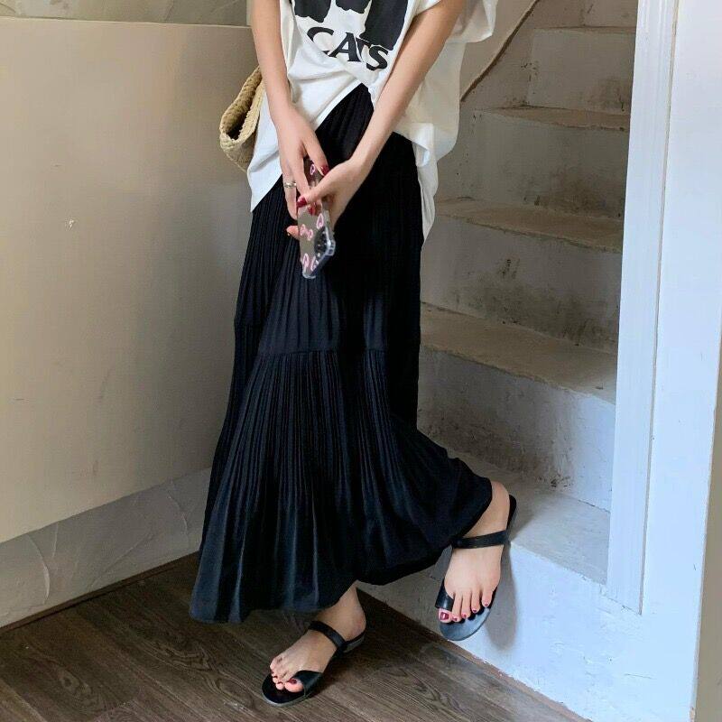 黑色高腰压e褶半身裙孕妇夏季中长款托腹裙宽松设计感百搭a字长裙