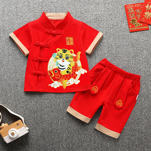 男宝宝抓周夏天衣服男童1一周岁宴中式礼服夏季男孩虎宝红色套装