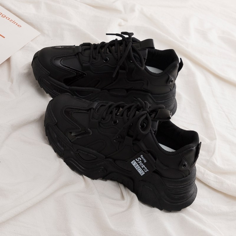 鞋子女春季新款20n24爆款厚底黑色老爹鞋女款百搭运动休闲鞋小黑