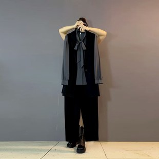 黑色裤 大码 打底衫 西服马甲立领系带长袖 子胖妹妹通勤风三件套 女装