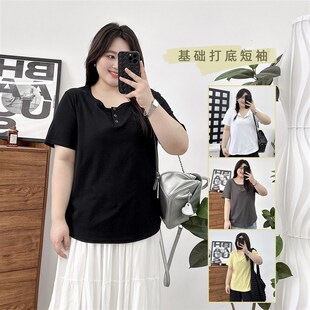 大码女装2024年夏装新款短款减龄显瘦上衣胖mm设计感正肩短袖t恤