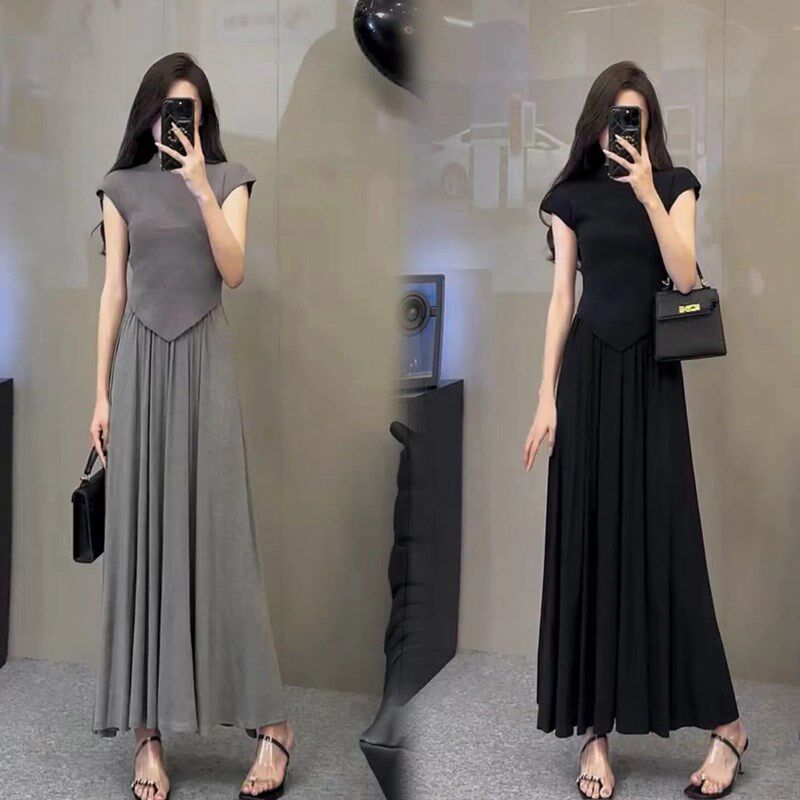 2025夏新款简约法式收腰无袖上衣T恤修身赫本风气质半身裙套装女