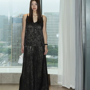 修身 洛边 百搭新款 醋酸提花吊带上衣半身裙套装 显瘦女 清冷系