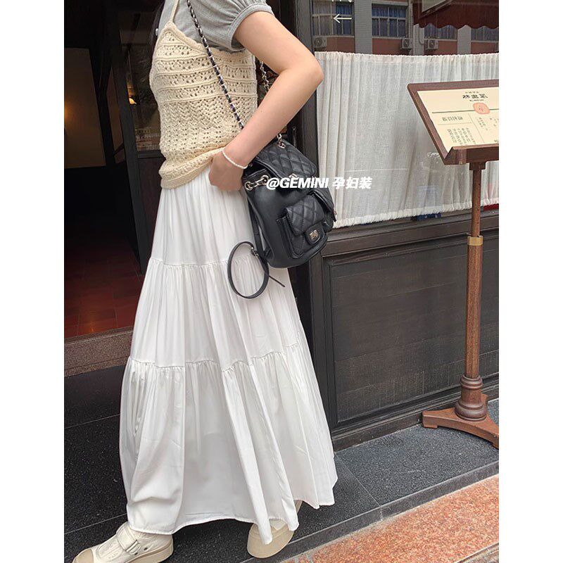 孕妇半身裙春秋夏季气质百褶长裙子白色法式度假茶系a字裙中长款