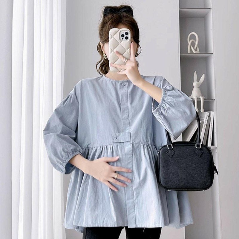 孕妇春装上衣2g024新款孕妇装春季七分袖衬衫宽松大码休闲娃娃衫