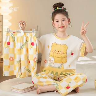 2025新款女童睡衣夏季纯棉薄款短袖三件套装儿童女孩春秋款家居服