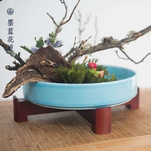樟子松实木十字插花花器底座禅意日式花道桌面花盆花盘底托花架