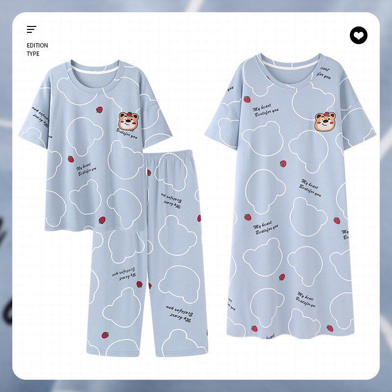 睡衣女夏季短袖七分裤三件v套装纯棉睡裙大码卡通可外穿女士家居