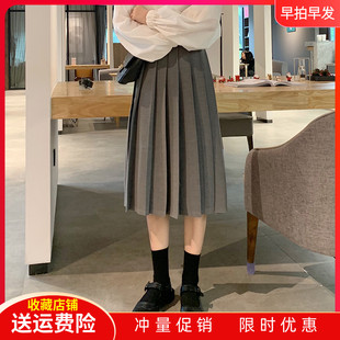 大码松紧腰百褶裙中长款女新款高腰学院风蓬蓬裙胖mm遮胯半身长裙