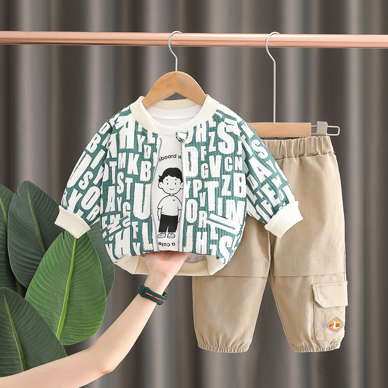 宝宝秋装男童帅气卫衣套装2023新款洋派婴儿童衣服小童休闲三件式