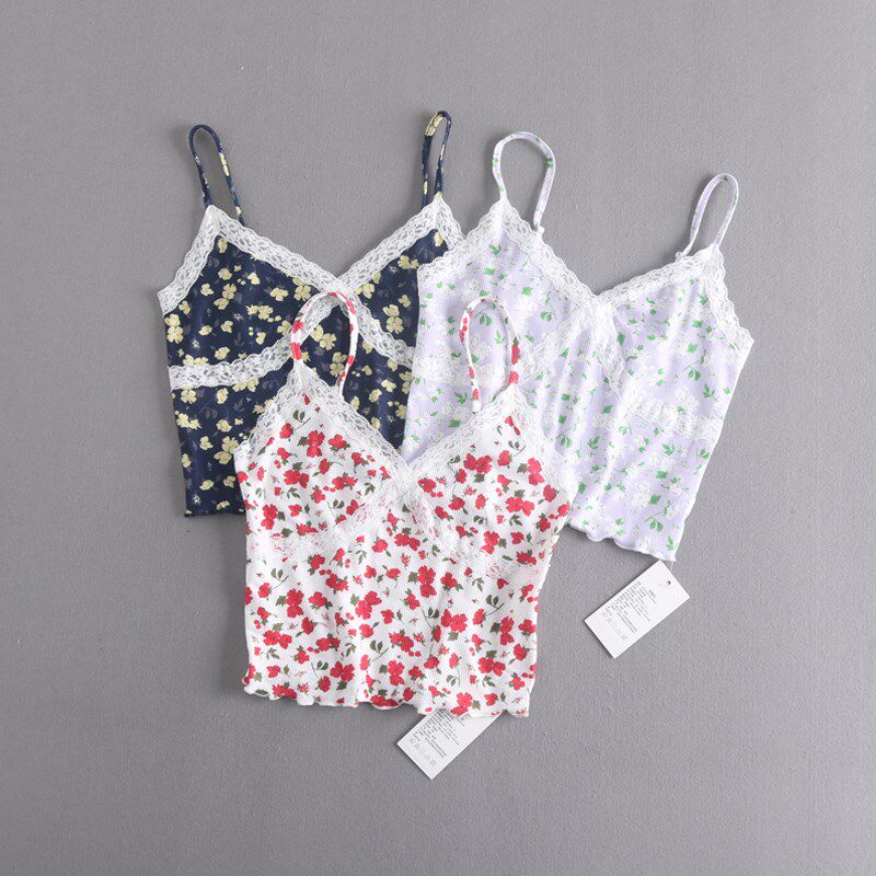 法式夏季新款女式小清新蕾丝花边小碎花内搭外穿短款高腰吊带背心