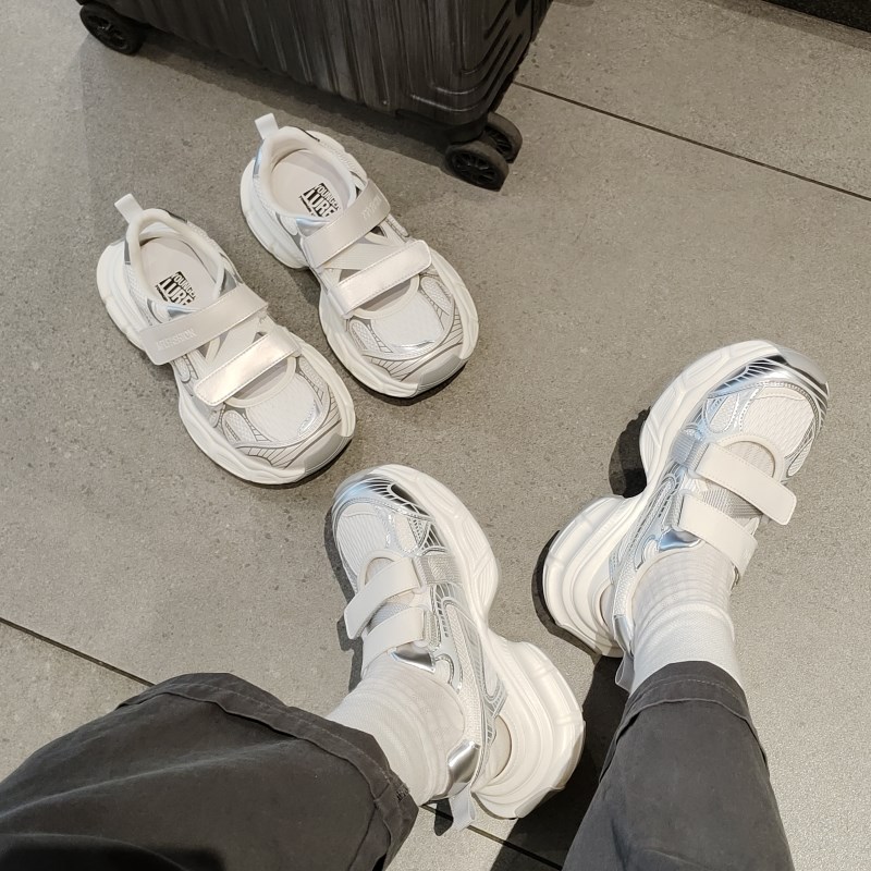 小空调透气运动凉鞋女2024夏季新款魔术L贴厚底银色老爹鞋休闲鞋