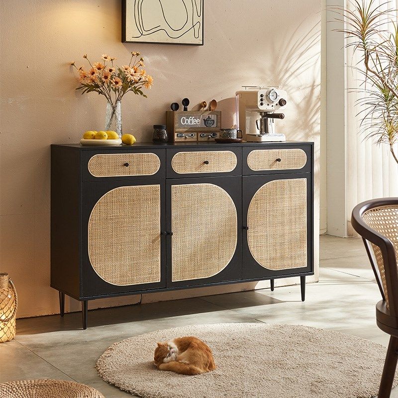 侘寂风中古餐边柜日式藤编储物柜推拉门小户N型客厅玄关柜茶水柜,住宅家具,餐边柜,淘宝优惠券,粉丝福利购,淘宝优惠卷