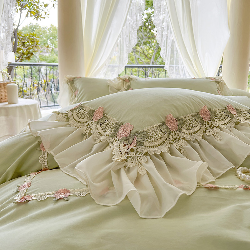 韩式绿色水洗全棉床上四件套1A00公主风蕾丝花边被套床单少女4,床上用品,床品套件/四件套/多件套,淘宝优惠券,粉丝福利购,淘宝优惠卷