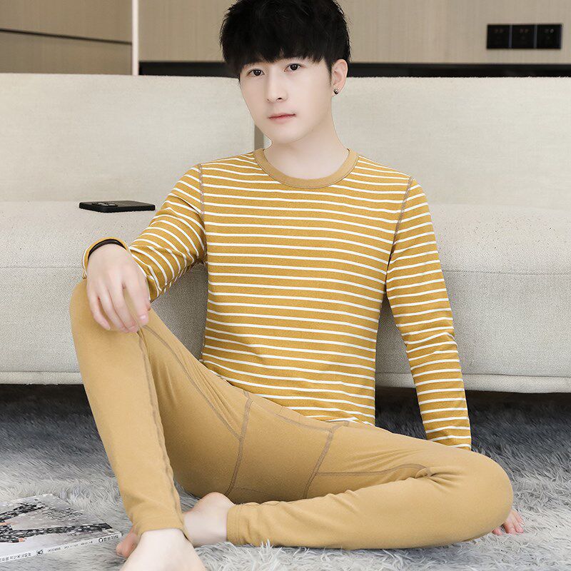 蒙迪伦德绒条纹青少年保暖内衣套装男学生长袖时尚圆Y领秋衣秋裤