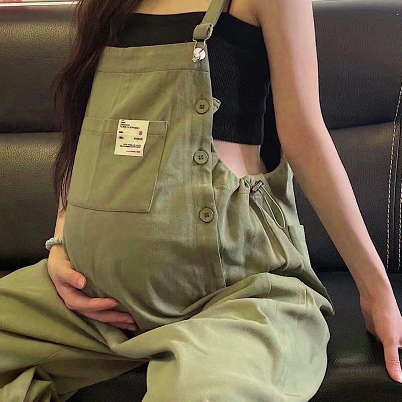 孕妇军绿色工装背带裤女r春秋韩版宽松小个子束脚灯笼阔腿裤两件