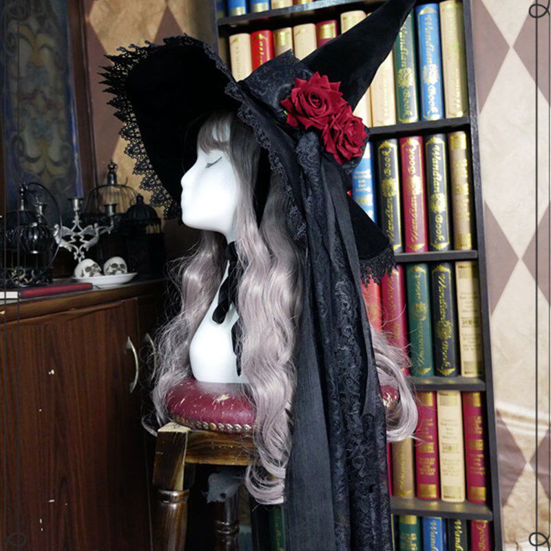 *暗夜玫瑰 * Lolita厚绒蕾丝长飘带优雅魔Q女帽 万圣节巫师帽