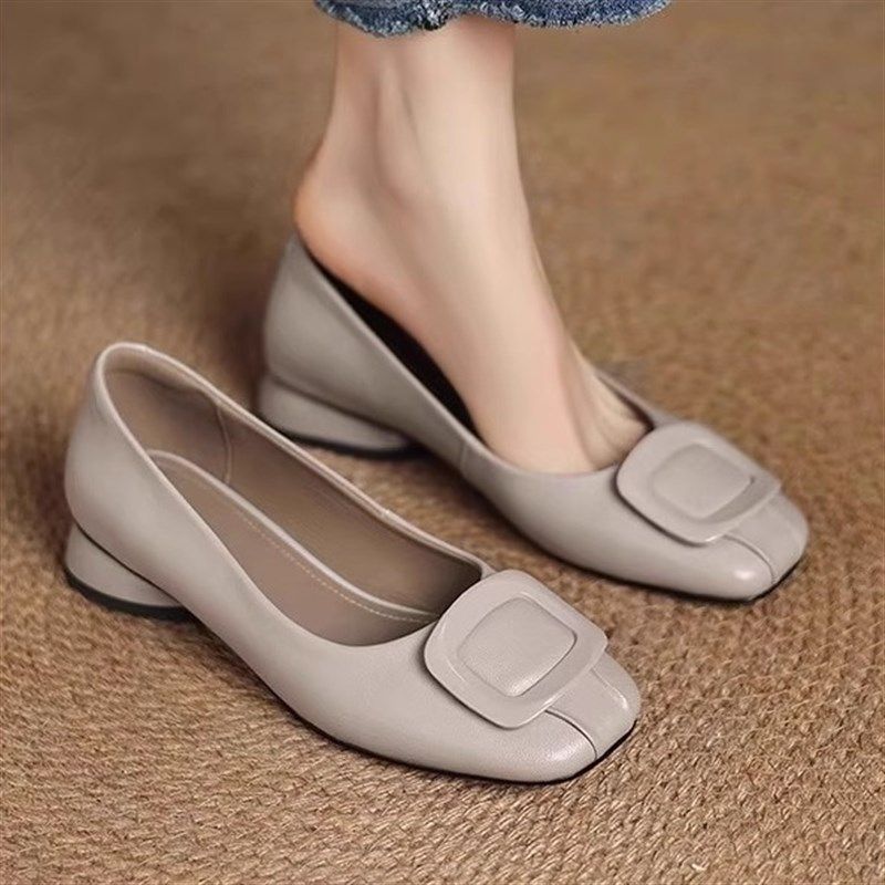 方头浅口方扣粗跟单鞋女2025春秋新款百搭M低跟文艺范奶奶鞋豆豆,女鞋,浅口单鞋,淘宝优惠券,粉丝福利购,淘宝优惠卷