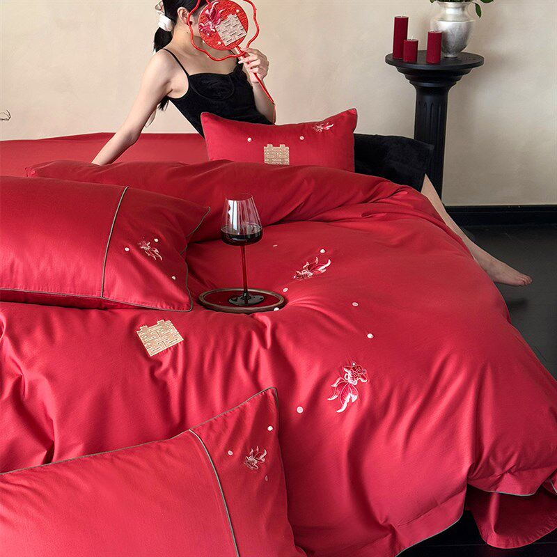 简约新中式婚庆四l件套全棉大红色锦鲤刺绣结婚被套床单床上用品,床上用品,婚庆床品套件,淘宝优惠券,粉丝福利购,淘宝优惠卷