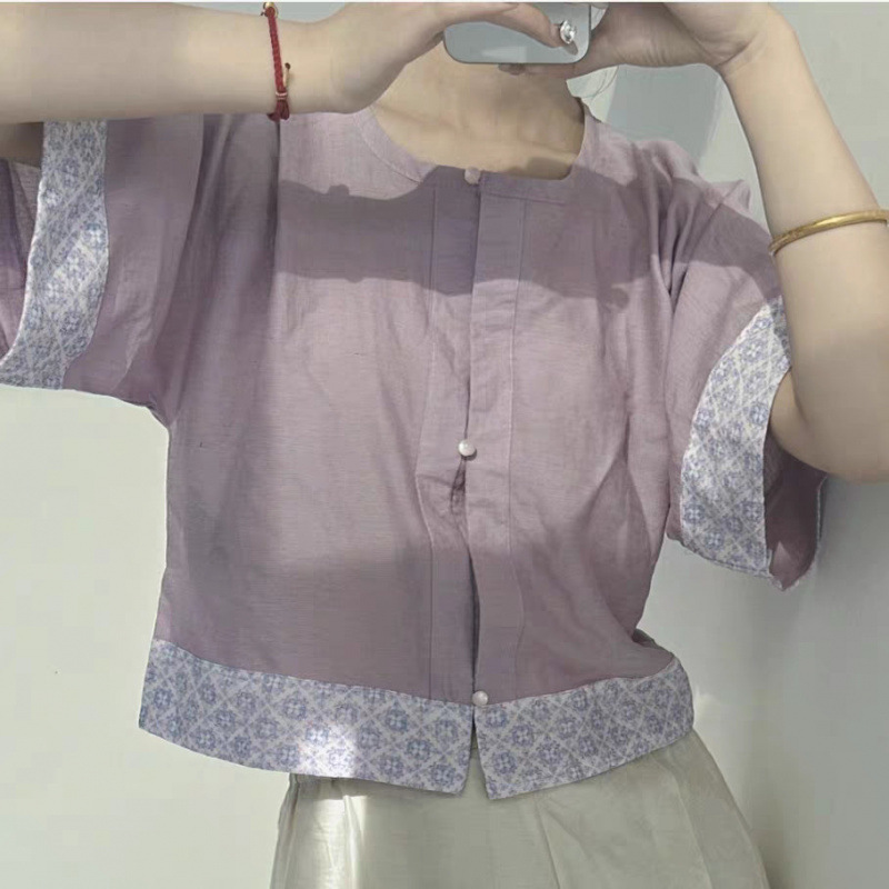 松间月新款唐制汉服褙子上衣日常圆领半臂女唐背子夏通勤汉服上衣