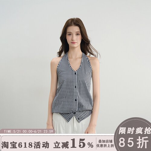 BZXO小众设计格子挂颈吊带背心女夏季新款宽松显瘦百搭无袖上衣服