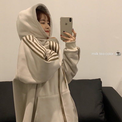 AE新款秋冬装慵懒风加绒加厚卫衣女连帽宽松百搭拉链开衫外套潮