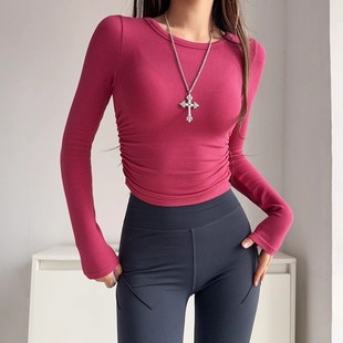 AE跨境美式抽褶修身辣妹打底衫长袖女秋季新款圆领粉色上衣
