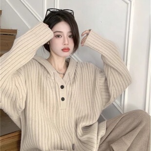 AE女装秋套装燕麦色连帽毛衣卫衣女秋冬宽松软糯慵懒秋冬季女装