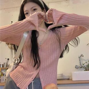 AE纯欲风V领坑条长袖针织开衫女装秋季新款薄款修身显瘦打底衫